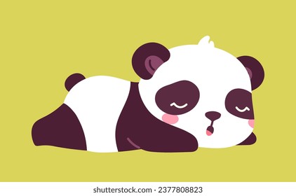 Cute panda sticker. Adorable asian fluffy animal sleeping. Wild life and fauna. Rest and relax. Poster or banner. Cartoon flat vector illustration isolated on green background