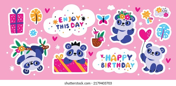 Cute panda stickers. Cartoon animals. Color labels. Happy Chinese bear poses. Birthday party. Comic mascot with balloon and holiday gift. Tropical fauna. Exotic flowers