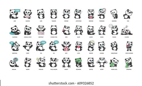 cute panda, stickers collection, in different poses, different moods vector illustration