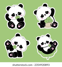 cute panda, stickers collection.cute; cute panda with good luck leaf waving hand, vector illustration. editable stroke
