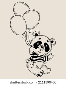 cute panda in striped T-shirt flies on balloons. Vector illustration. Cute animal in hand drawn linear style for kids collection and postcards, design, decor and print.