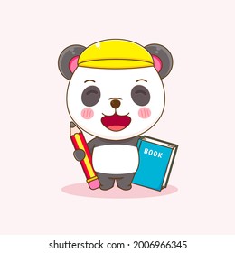 Cute panda as student holding book and pencil. Vector illustration of chibi character