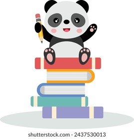 Lindo estudiante panda sosteniendo el lápiz en la parte superior de los libros