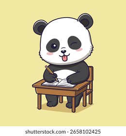 Nette Panda Studium am Schreibtisch mit Bleistift und Buch. Vektorgrafik	
