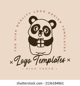 lindo panda con estilo que da un regalo logotipo Vector plantilla. Concepto de icono del panel de vectores aislado premium. Estilo de dibujo plano