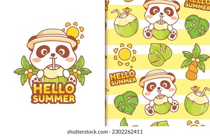 Cute panda summer doodle seamless pattern and card with summer elements