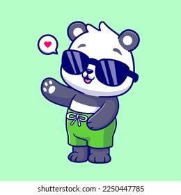 Ilustración del icono del vector de dibujos animados de mano de verano de Cute Panda. Vector Premium Aislado De Icono De Festividad Animal. Estilo de dibujo plano