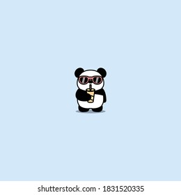 Cute panda with sunglasses drinking water cartoon, vector illustration