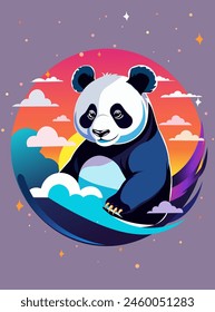 Cute panda and sunset in the purple backgraund