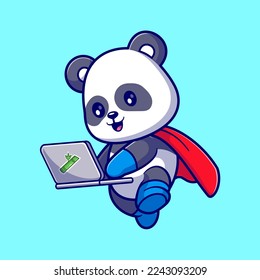 Cute Panda Super Hero Playing Laptop Cartoon Vektorsymbol Illustration. Animal Technology Icon Konzept isolierter Premium-Vektorgrafik. Flachbildkartonstil