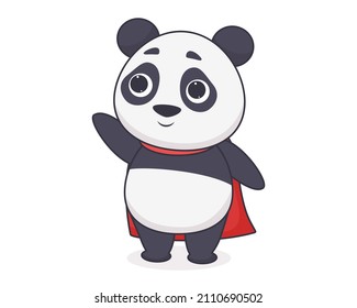 Cute panda superhero. Vector illustration of cartoon animals. A bear in a red coat. Isolated on white background.
