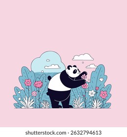 A cute panda surrounded by flowers and foliage, set against a pink background with stylized clouds.
