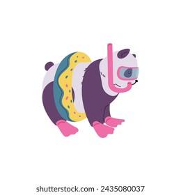 Cute panda with swim ring and flippers for summer beach holiday concept and fun prints on summer clothes, flat cartoon vector illustration isolated on white background.