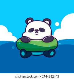 Cute Panda With Swim Ring Vector Icon Illustration. Animal Summer Icon Concept Isolated Premium Vector. Flat Cartoon Style 