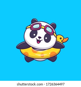 Cute Panda Swimming With Swim Ring Vector Icon Illustration. Animal Summer Icon Concept Isolated Premium Vector. Flat Cartoon Style 