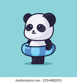 Cute panda with swimming tires cartoon illustration isolated nature