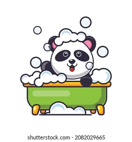 Cute panda taking bubble bath in bathtub.