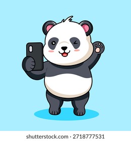 Lindo Panda Tomando un Selfie con Smartphone Pose Ilustración vectorial Diseño de Dibujos Animados Kawaii