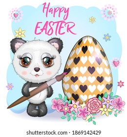 Cute panda with a tassel and a decorated egg, the phrase Happy Easter. Easter eggs, branches with leaves, flowers, greeting card