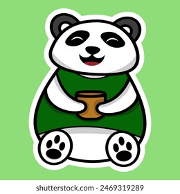 Cute panda with tea vector illustration. Cute panda with tea sticker.
