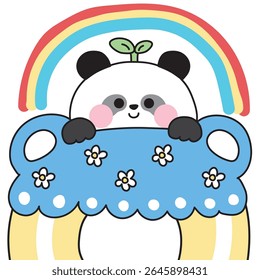 Urso de pelúcia panda bonito têm a folha na cabeça ficar em flor donut.Rainbow.Sweet e sobremesa.Bakery.Chinese caractere animal selvagem desenho animado.Kawaii.Vetor.Illustration.
