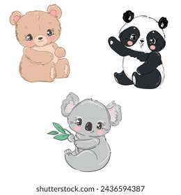 Lindo panda, osito de peluche y Koala vector