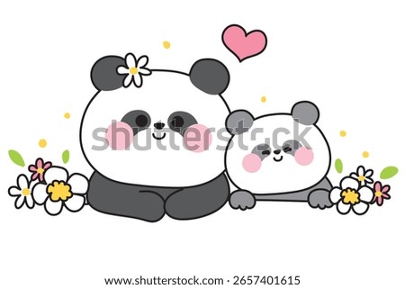 Cute panda teddy bear mom and baby with flower decorated.Heart.Love.Mother day.Chinese wild animal character cartoon.Kawaii.Vector.Illustration.