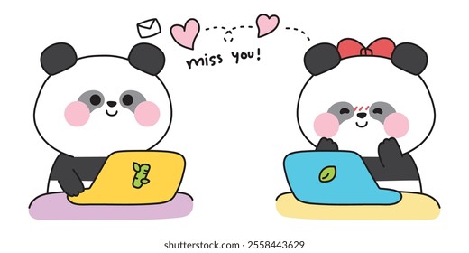 Cute panda teddy bear send love mail.Miss you text.Laptop.Work.Heart.Valentines day.Chinese wild animal character cartoon design.Kawaii.Vector.Illustration.