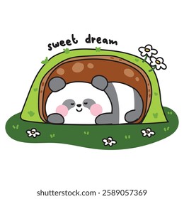 Cute panda teddy bear sleeping and stay in cave.Tree.Flower and nature.Jungle.Wild chinese animal character cartoon design.Kawaii.Vector.Illustration.