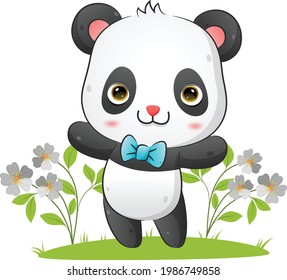 The cute panda with the tie is dancing with the happy face in the garden of the illustration