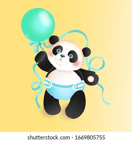 Cute panda toddler with a balloon. Panda character vector illustration. Panda in the diaper. yellow background