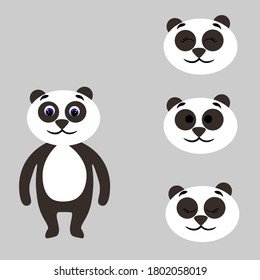 Cute panda torso with extra heads isolated on white background. Animal emotions. Cute wild animals. Stock vector illustration for books and magazines, clothes, fabrics, postcards, internet.	