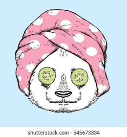 Cute panda in a towel with cucumbers on her eyes. Spa treatment. Vector illustration.