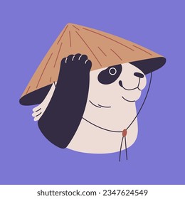 Cute panda in traditional chinese, conical, rice hat. Fluffy asian bear put on headdress on furry head, lovely animal muzzle with headwear from bamboo. China culture. Flat isolated vector illustration