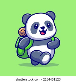 Cute Panda Traveling With Backpack Cartoon Vector Icon Illustration. Animal Nature Icon Concept Isolated Premium Vector. Flat Cartoon Style