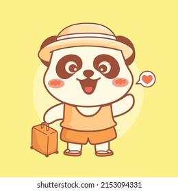 Cute panda traveling at summer holiday holding luggage cartoon illustration.