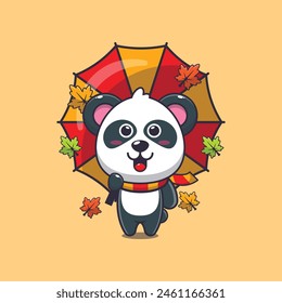 Cute panda with umbrella at autumn season. Mascot cartoon vector illustration suitable for poster, brochure, web, mascot, sticker, logo and icon.