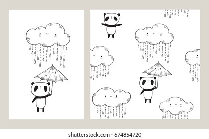 Cute panda with umbrella and funny cloud. Seamless pattern for gift wrap, textile or book covers, wallpapers and scrapbook. Doodles, sketch. Black and white.  Vector illustration.