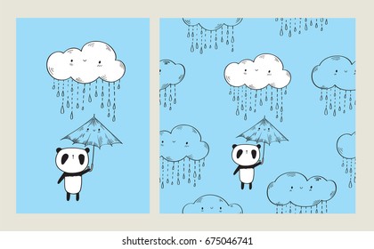 Cute panda with umbrella and funny clouds. Seamless pattern for gift wrap, textile or book covers, wallpapers and scrapbook. Doodles, sketch.  Blue background. Vector illustration. 