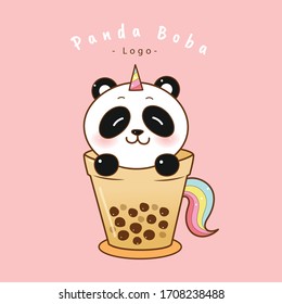 cute panda unicorn in bubble tea cup. boba logo for drink store.cartoon hand drawn