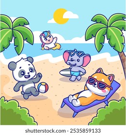 Cute Panda, Unicorn, Elephant, Shiba Inu Dog Playing In Beach Summer Season Cartoon Vector Icon Illustration. Animal Nature Icon Concept Isolated Premium Vector. Flat Cartoon Style