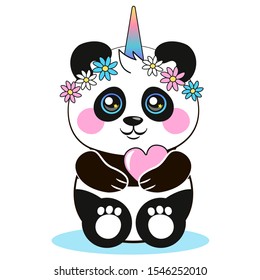 Cute panda unicorn with flowers. Vector illustration. Korean style