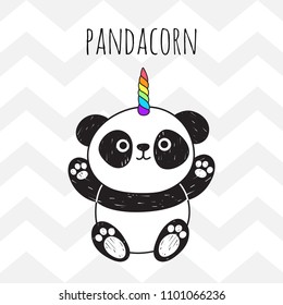 Cute panda with a unicorn horn in the color of the rainbow. Pandacorn. Vector illustration in the Scandinavian style. Suitable for textiles, postcards, posters, printing, decorating children's item.