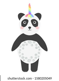 Cute panda with a unicorn horn in the color of the rainbow. Pandacorn. illustration in the Scandinavian style.