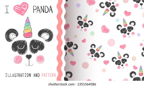 Cute panda, unicorn - seamless pattern. Vector eps 10