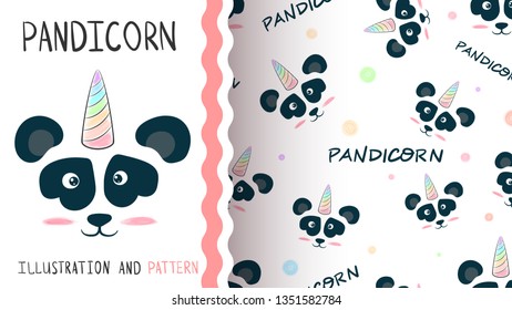 Cute panda, unicorn - seamless pattern. Hand draw