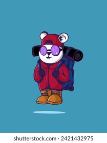 Cute Panda use glasses With Backpack Cartoon Vector Icon Illustration. Animal Nature Icon Concept  Vector. Flat Cartoon Style