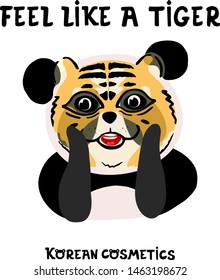 Cute panda uses Korean cosmetics. Sheet mask. 
Hand drawn vector illustration.
