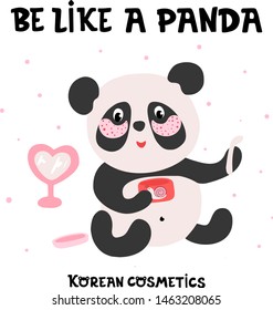 Cute panda uses Korean cosmetics. Eye patches. Beauty products. 
Hand drawn vector illustration.