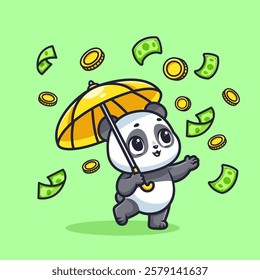 Cute Panda Using Umbrella In Money Rain Cartoon Vector Icon Illustration. Animal Finance Icon Concept Isolated Premium Vector. Flat Cartoon Style